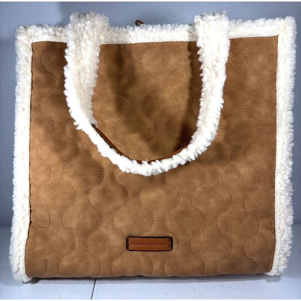 Sondra Roberts Tan Quilted Faux-Sued Tote with Cream Sherpa Trim 15"x14"